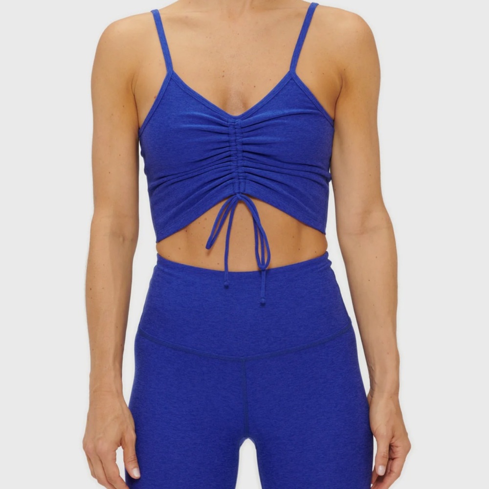 Beyond yoga sapphire blue cinched center space dye crop top and leggings set